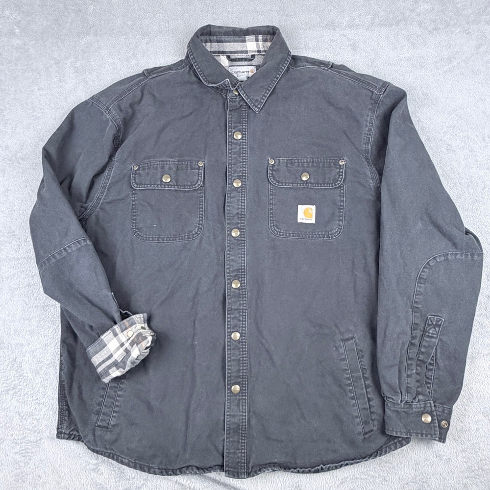 Carhartt Hubbard Flannel Lined Shirt Jacket XL Black Canvas Snap 100590 001